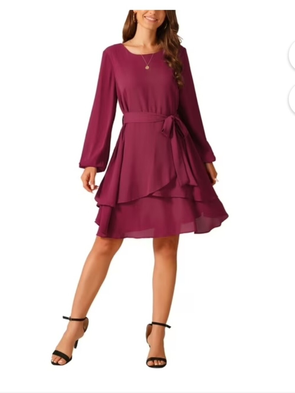 Seta T Women's Round Neck Long Sleeve Ruffle Mini Swing Skater Dress NO BELT